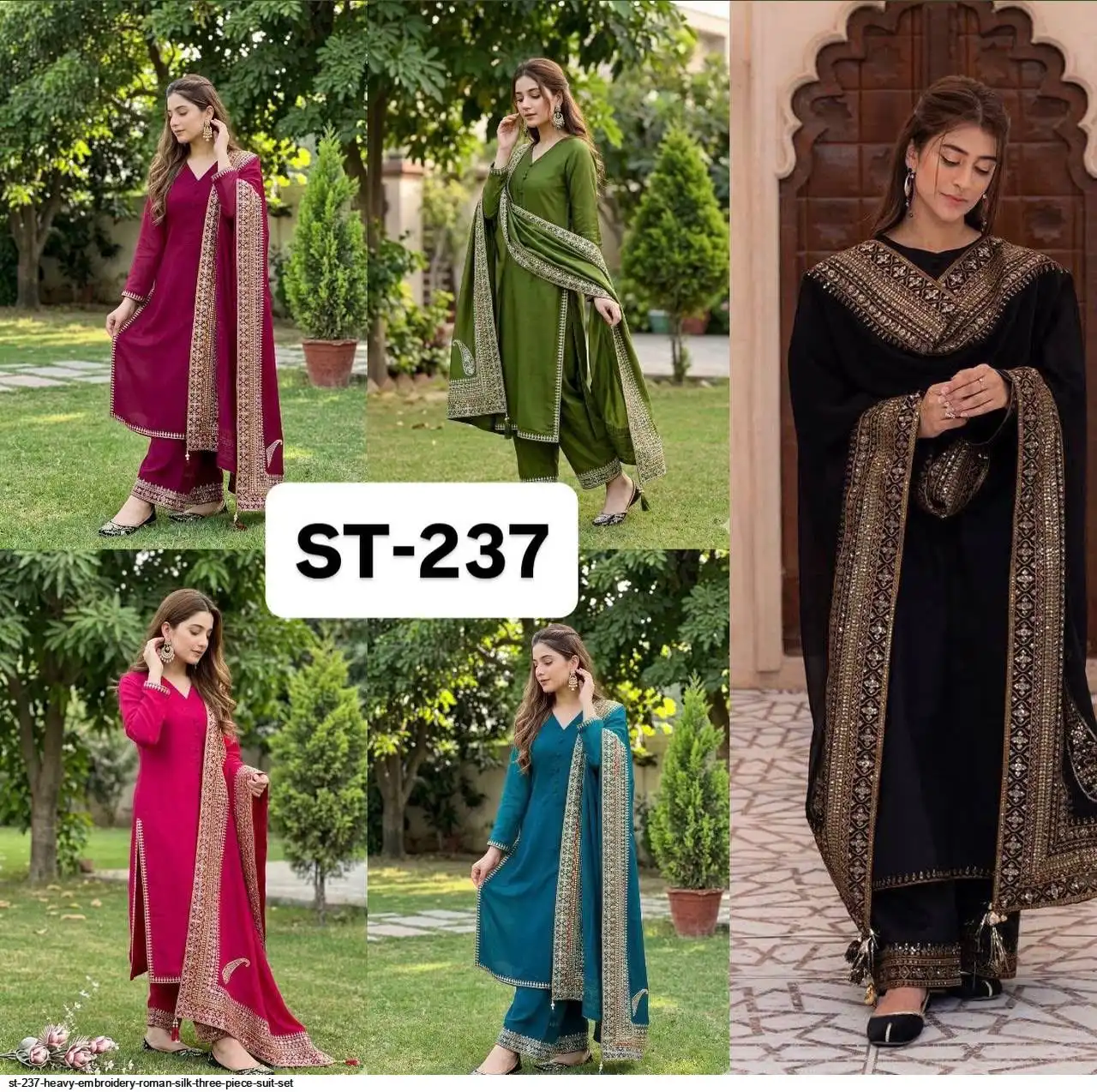 ST 237 HEAVY EMBROIDERY ROMAN SILK THREE PIECE SUIT SET