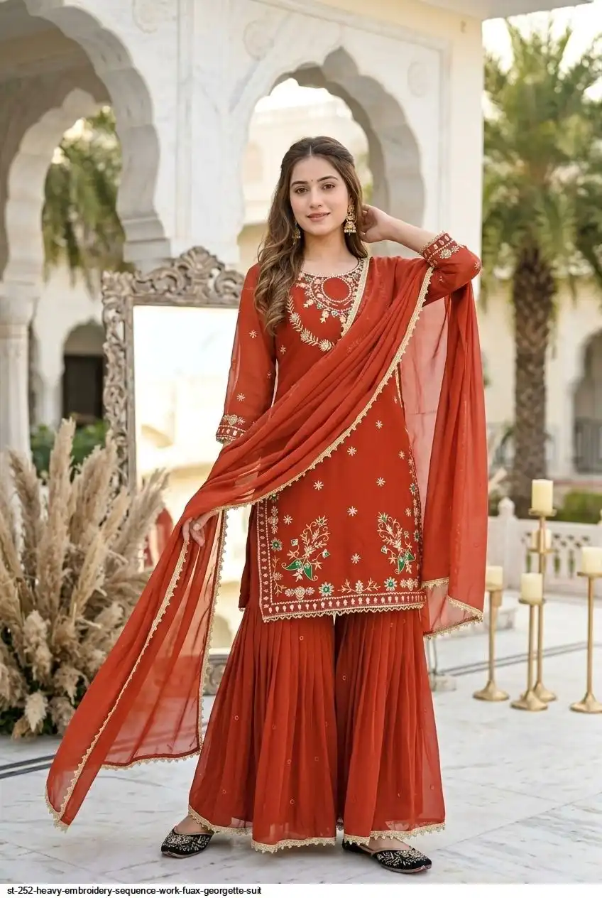 ST 252 HEAVY EMBROIDERY SEQUENCE WORK FUAX GEORGETTE SUIT A