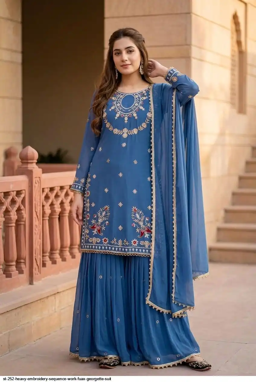 ST 252 HEAVY EMBROIDERY SEQUENCE WORK FUAX GEORGETTE SUIT B