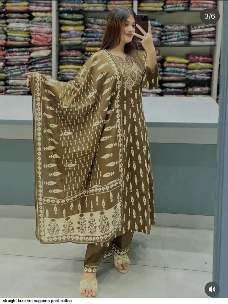 STRAIGHT KURTI SET SAGANERI PRINT COTTON A