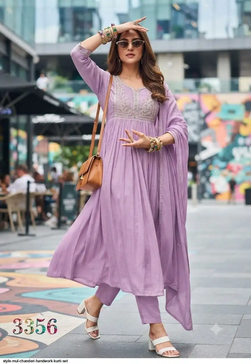 STYLE MUL CHANDERI HANDWORK KURTI SET 3356