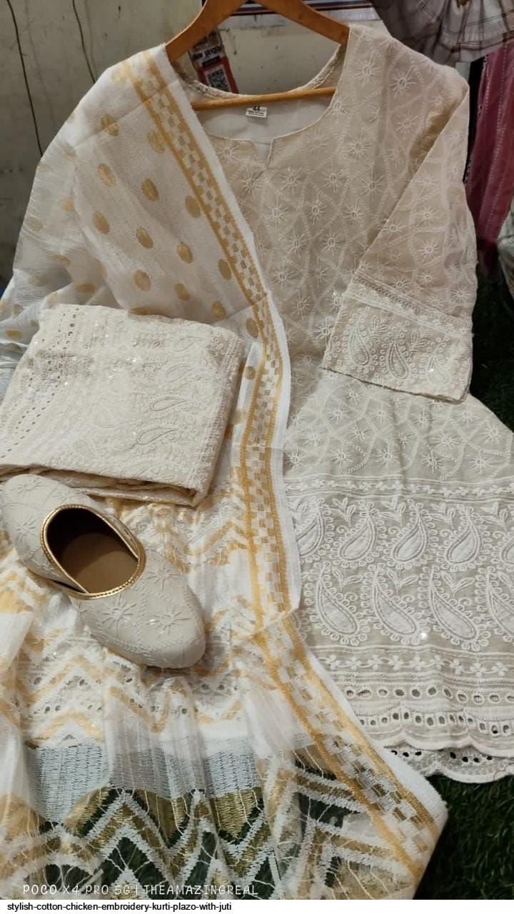 STYLISH COTTON CHICKEN EMBROIDERY KURTI PLAZO WITH JUTI A