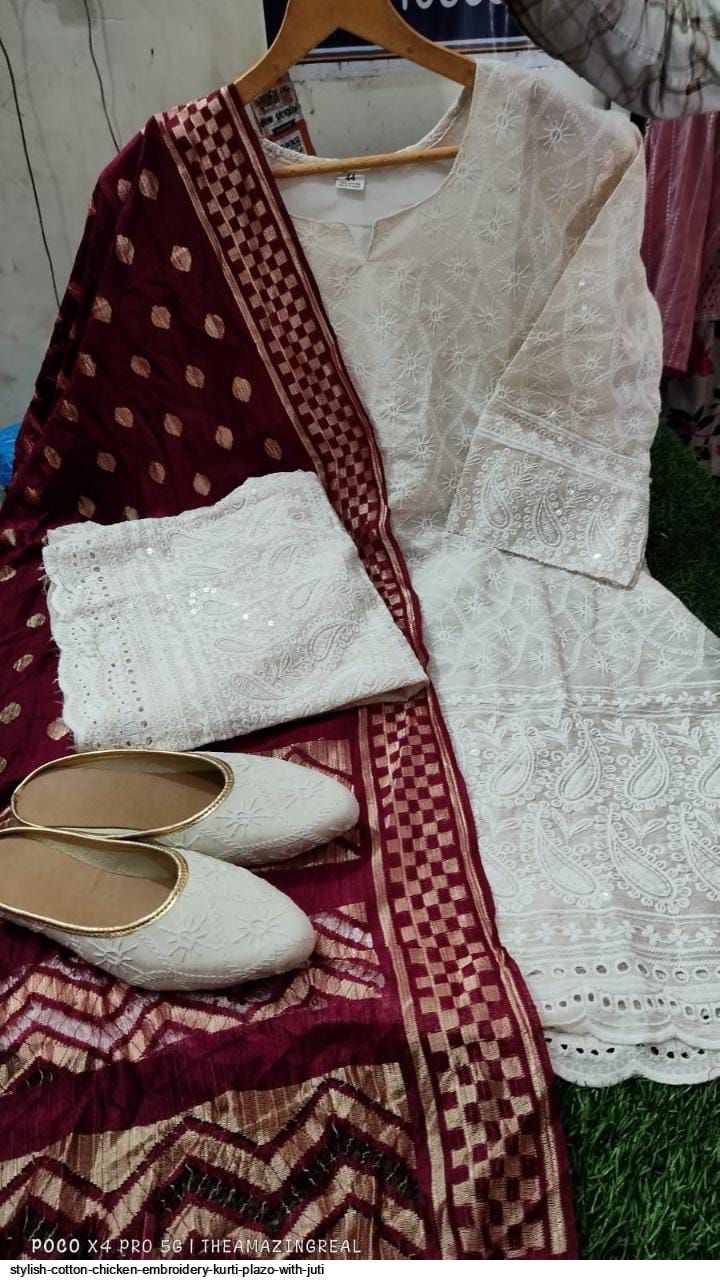 STYLISH COTTON CHICKEN EMBROIDERY KURTI PLAZO WITH JUTI B