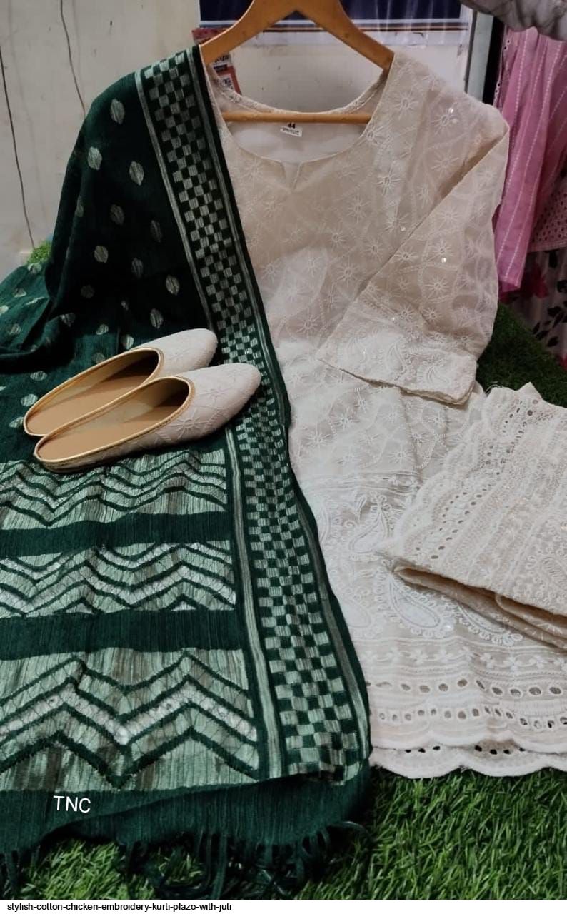 STYLISH COTTON CHICKEN EMBROIDERY KURTI PLAZO WITH JUTI C