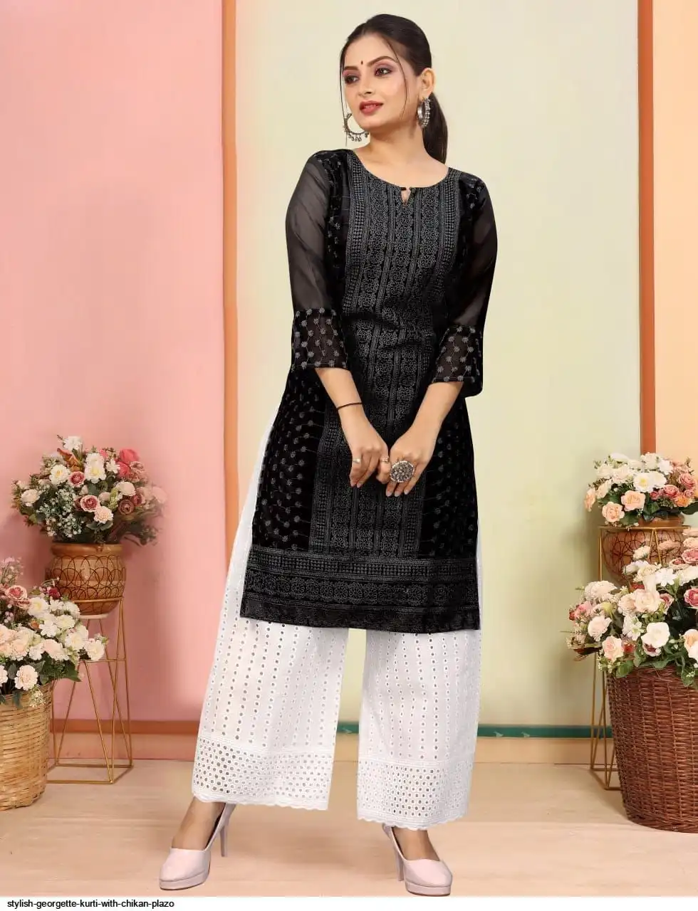 STYLISH GEORGETTE KURTI WITH CHIKAN PLAZO 8