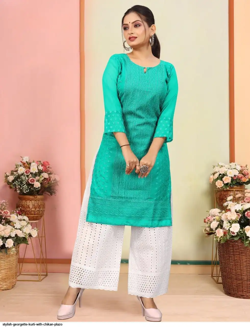 STYLISH GEORGETTE KURTI WITH CHIKAN PLAZO 10