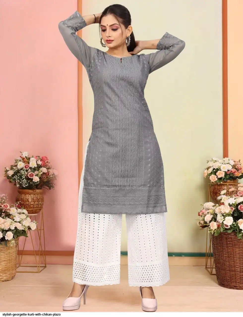 STYLISH GEORGETTE KURTI WITH CHIKAN PLAZO 7