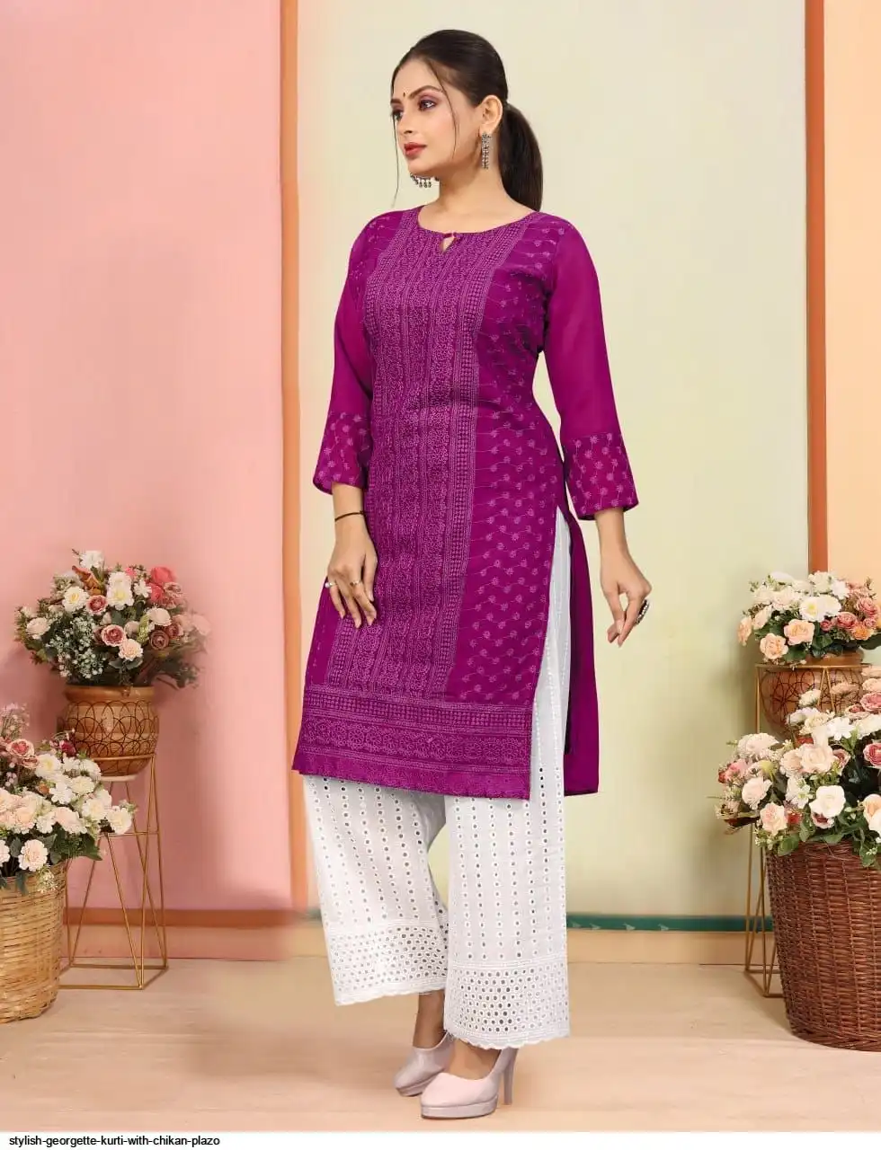 STYLISH GEORGETTE KURTI WITH CHIKAN PLAZO 6