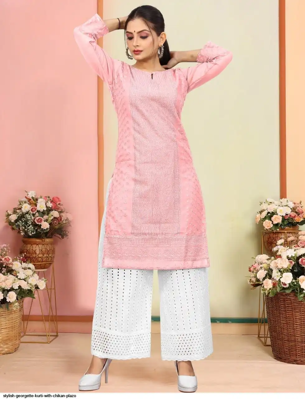 STYLISH GEORGETTE KURTI WITH CHIKAN PLAZO 4