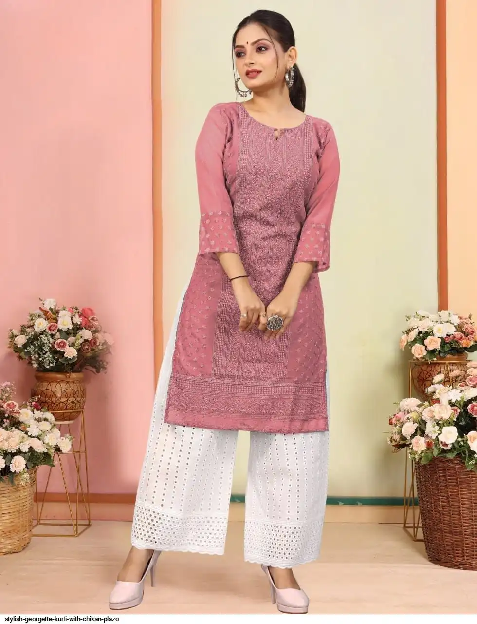 STYLISH GEORGETTE KURTI WITH CHIKAN PLAZO 3