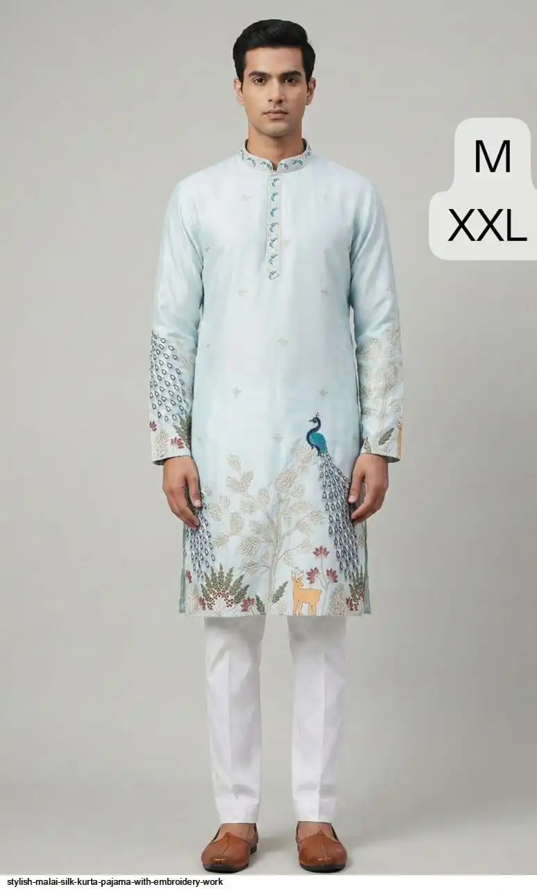 STYLISH MALAI SILK KURTA PAJAMA WITH EMBROIDERY WORK D