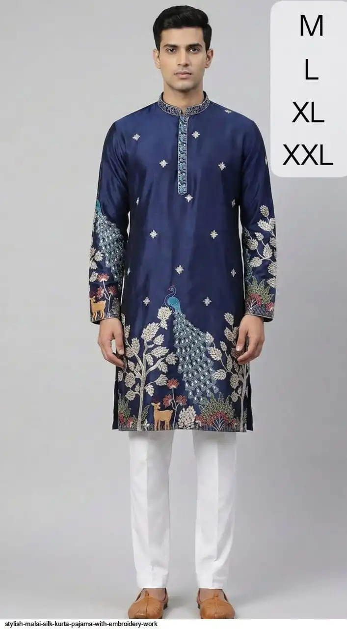 STYLISH MALAI SILK KURTA PAJAMA WITH EMBROIDERY WORK C