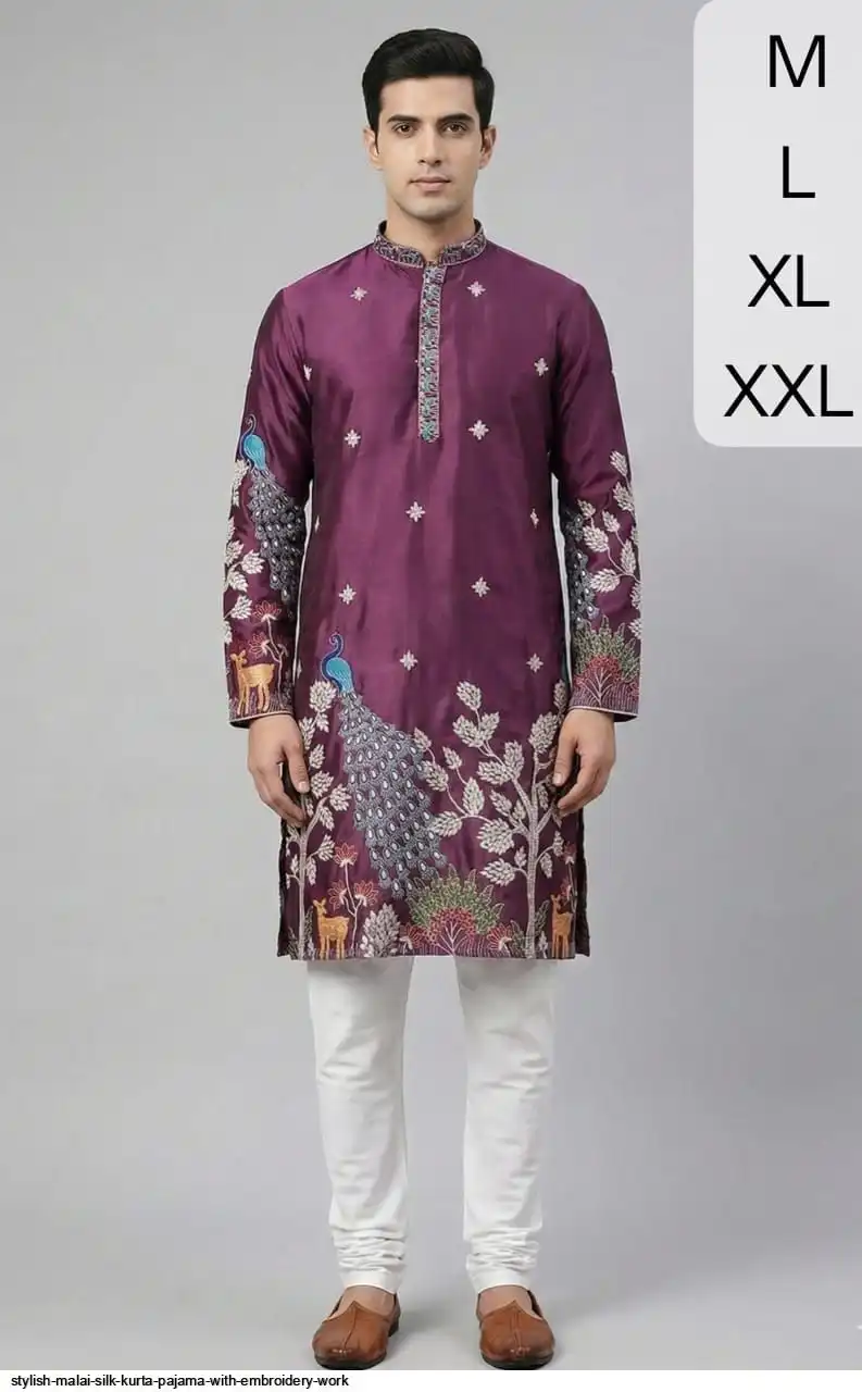 STYLISH MALAI SILK KURTA PAJAMA WITH EMBROIDERY WORK A