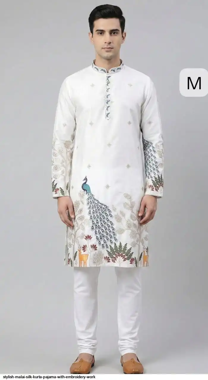 STYLISH MALAI SILK KURTA PAJAMA WITH EMBROIDERY WORK E