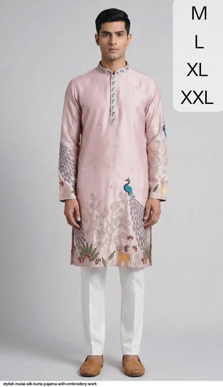 STYLISH MALAI SILK KURTA PAJAMA WITH EMBROIDERY WORK F