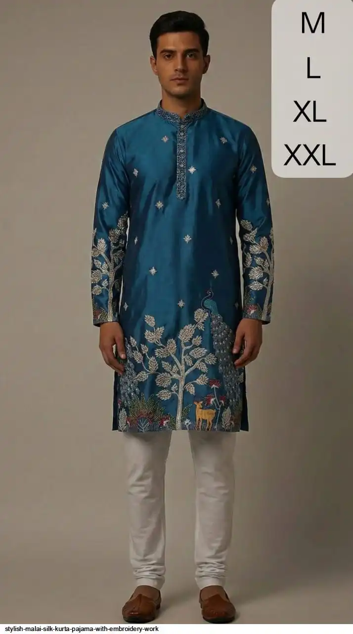 STYLISH MALAI SILK KURTA PAJAMA WITH EMBROIDERY WORK B