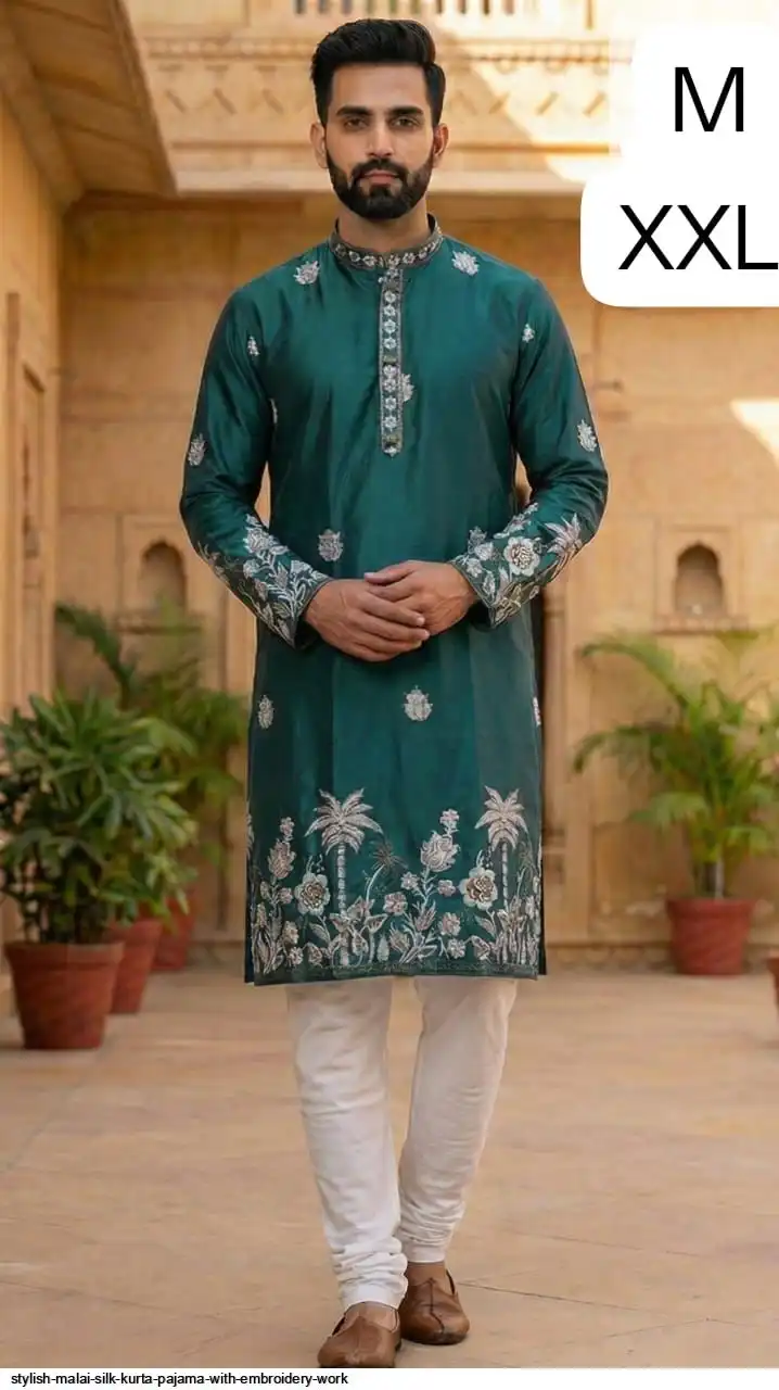STYLISH MALAI SILK KURTA PAJAMA WITH EMBROIDERY WORK G