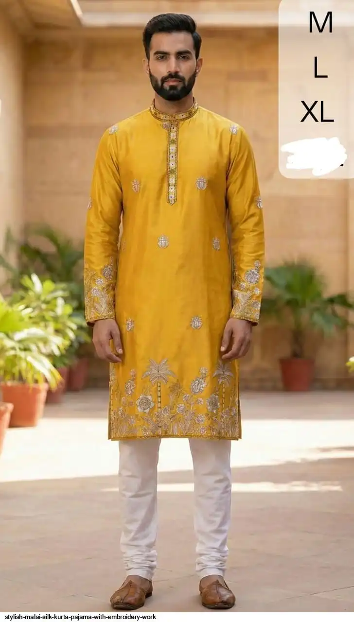 STYLISH MALAI SILK KURTA PAJAMA WITH EMBROIDERY WORK H