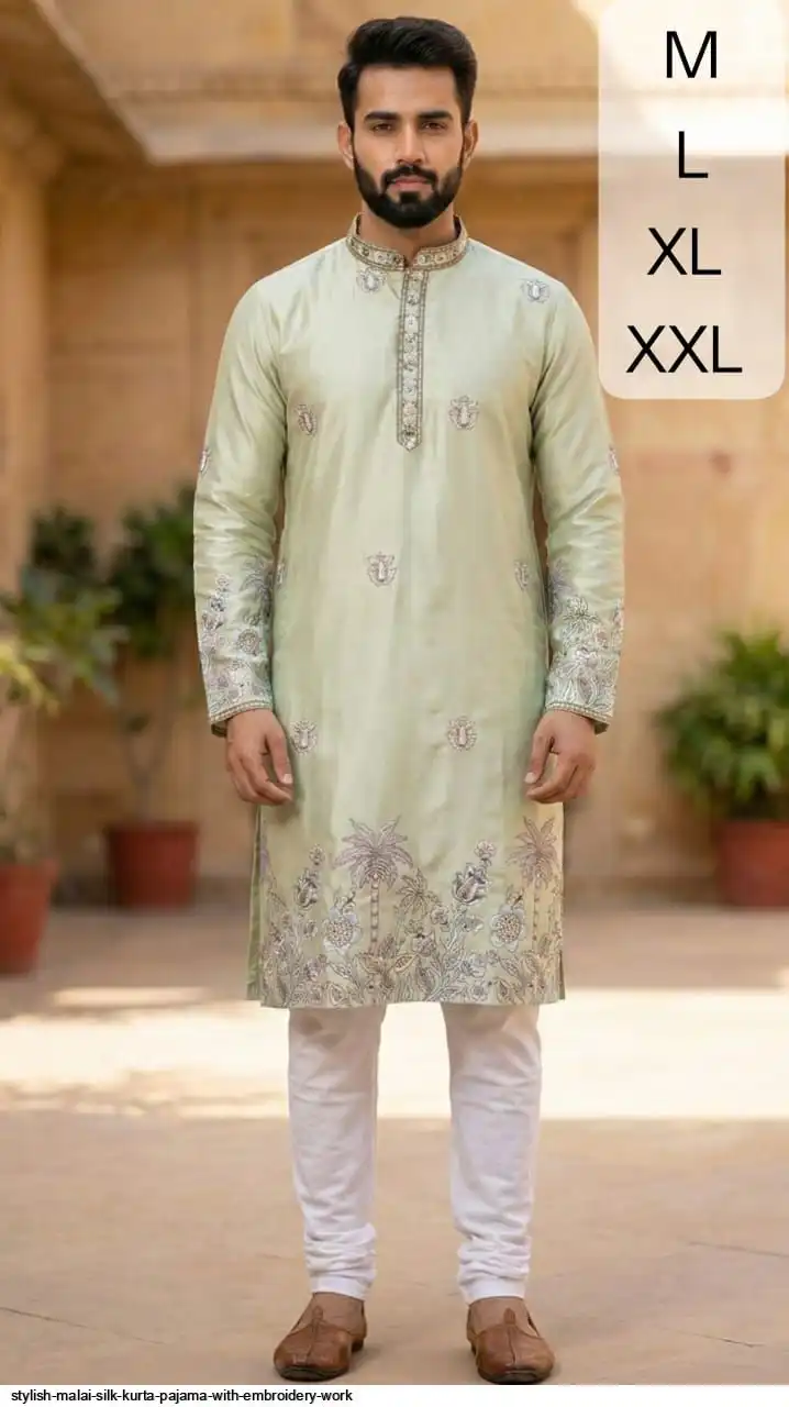 STYLISH MALAI SILK KURTA PAJAMA WITH EMBROIDERY WORK I