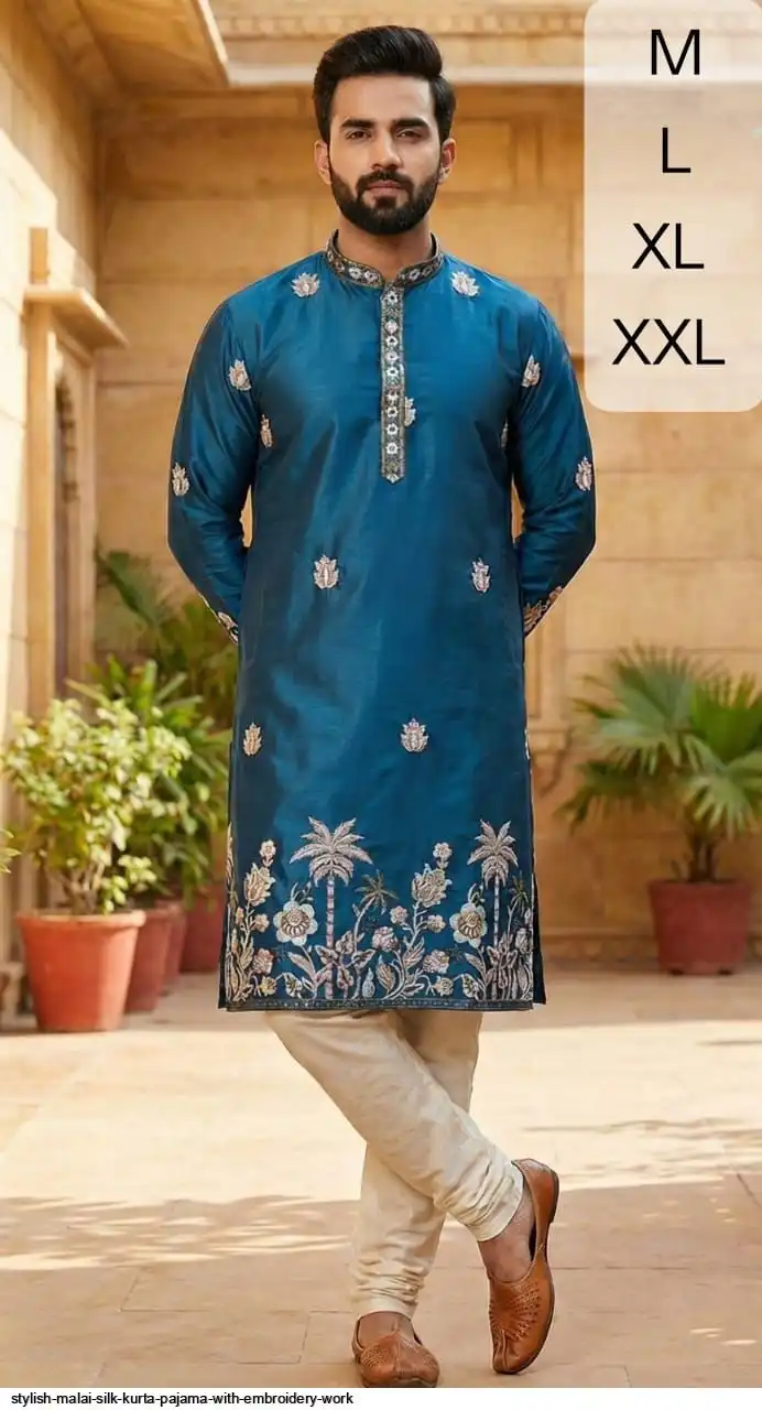 STYLISH MALAI SILK KURTA PAJAMA WITH EMBROIDERY WORK J