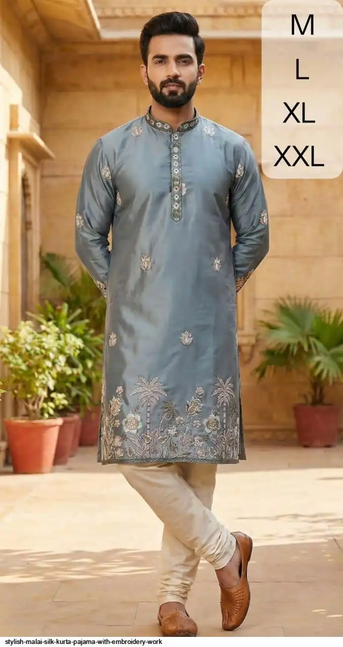 STYLISH MALAI SILK KURTA PAJAMA WITH EMBROIDERY WORK K
