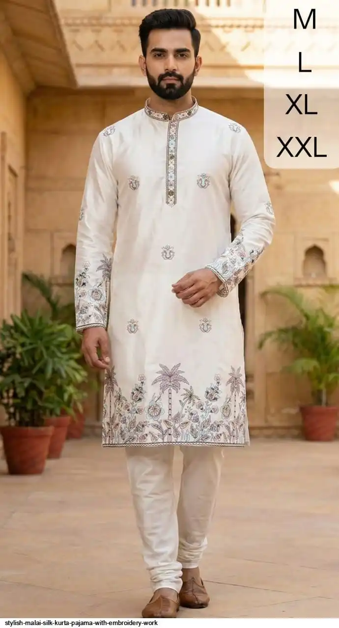 STYLISH MALAI SILK KURTA PAJAMA WITH EMBROIDERY WORK L