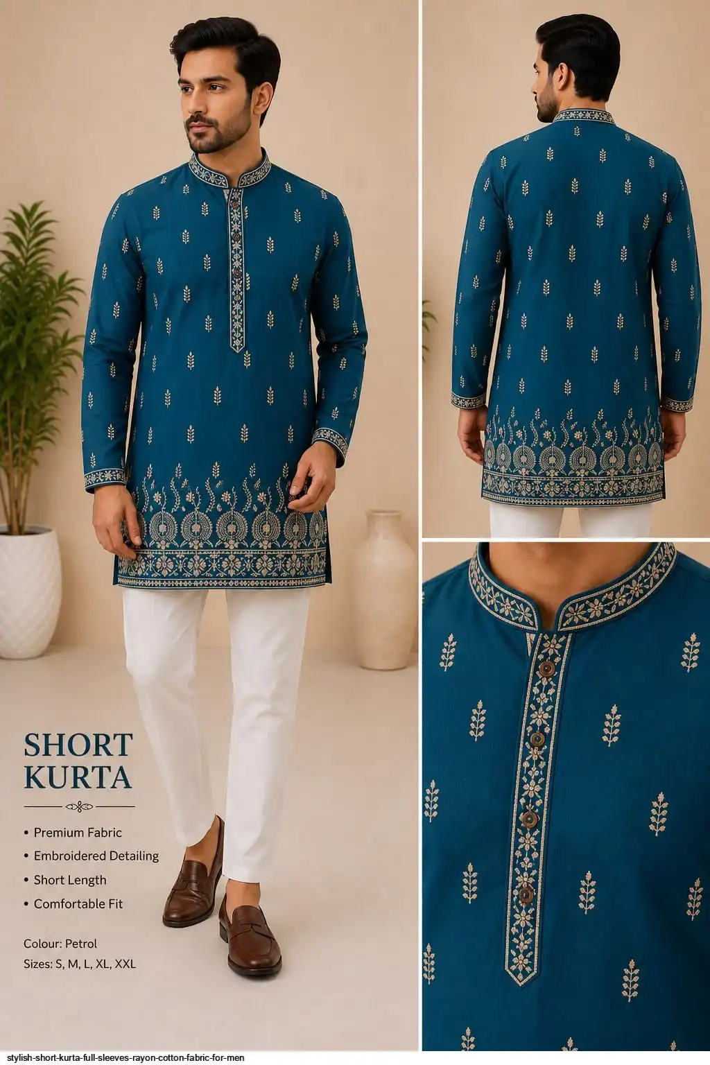STYLISH SHORT KURTA FULL SLEEVES RAYON COTTON FABRIC FOR MEN 2