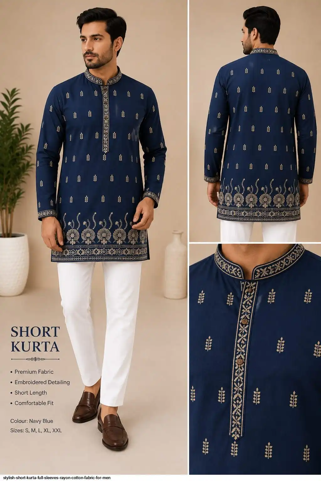 STYLISH SHORT KURTA FULL SLEEVES RAYON COTTON FABRIC FOR MEN 7