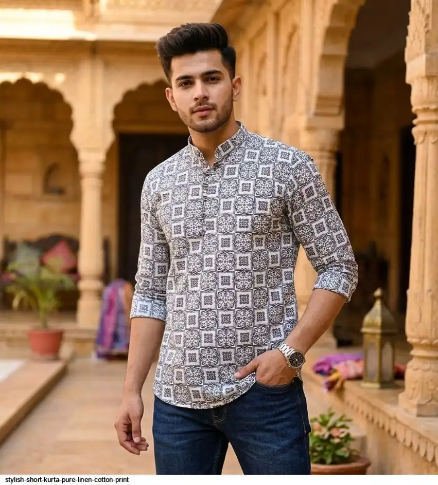 STYLISH SHORT KURTA PURE LINEN COTTON PRINT 1
