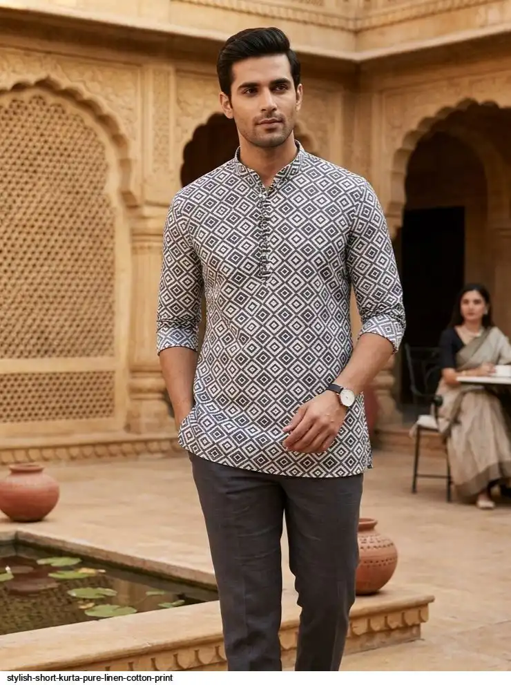 STYLISH SHORT KURTA PURE LINEN COTTON PRINT 2