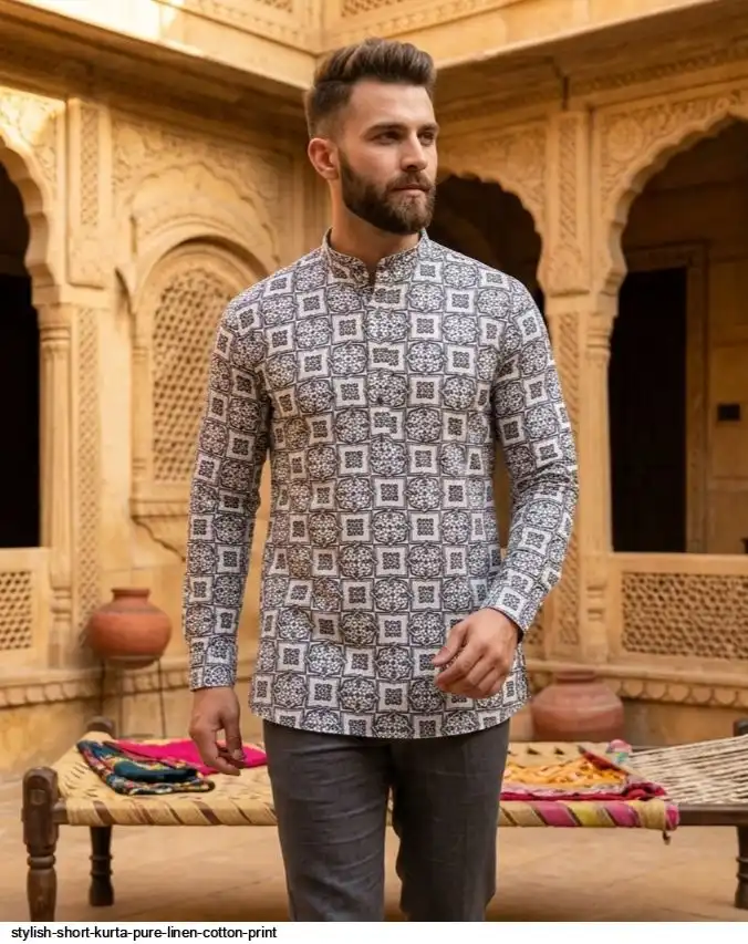 STYLISH SHORT KURTA PURE LINEN COTTON PRINT 10