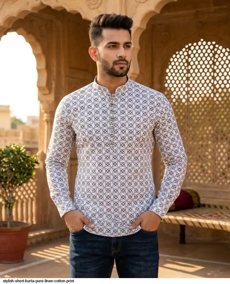 STYLISH SHORT KURTA PURE LINEN COTTON PRINT 12