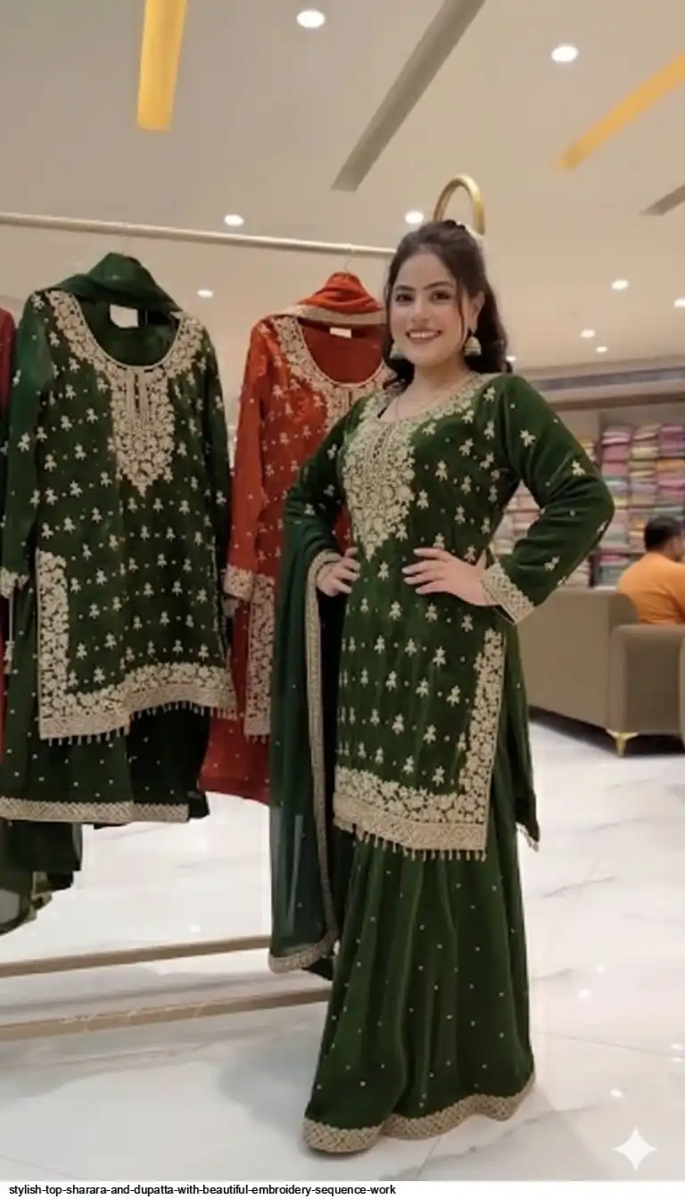 STYLISH TOP SHARARA AND DUPATTA WITH BEAUTIFUL EMBROIDERY SEQUENCE WORK 2