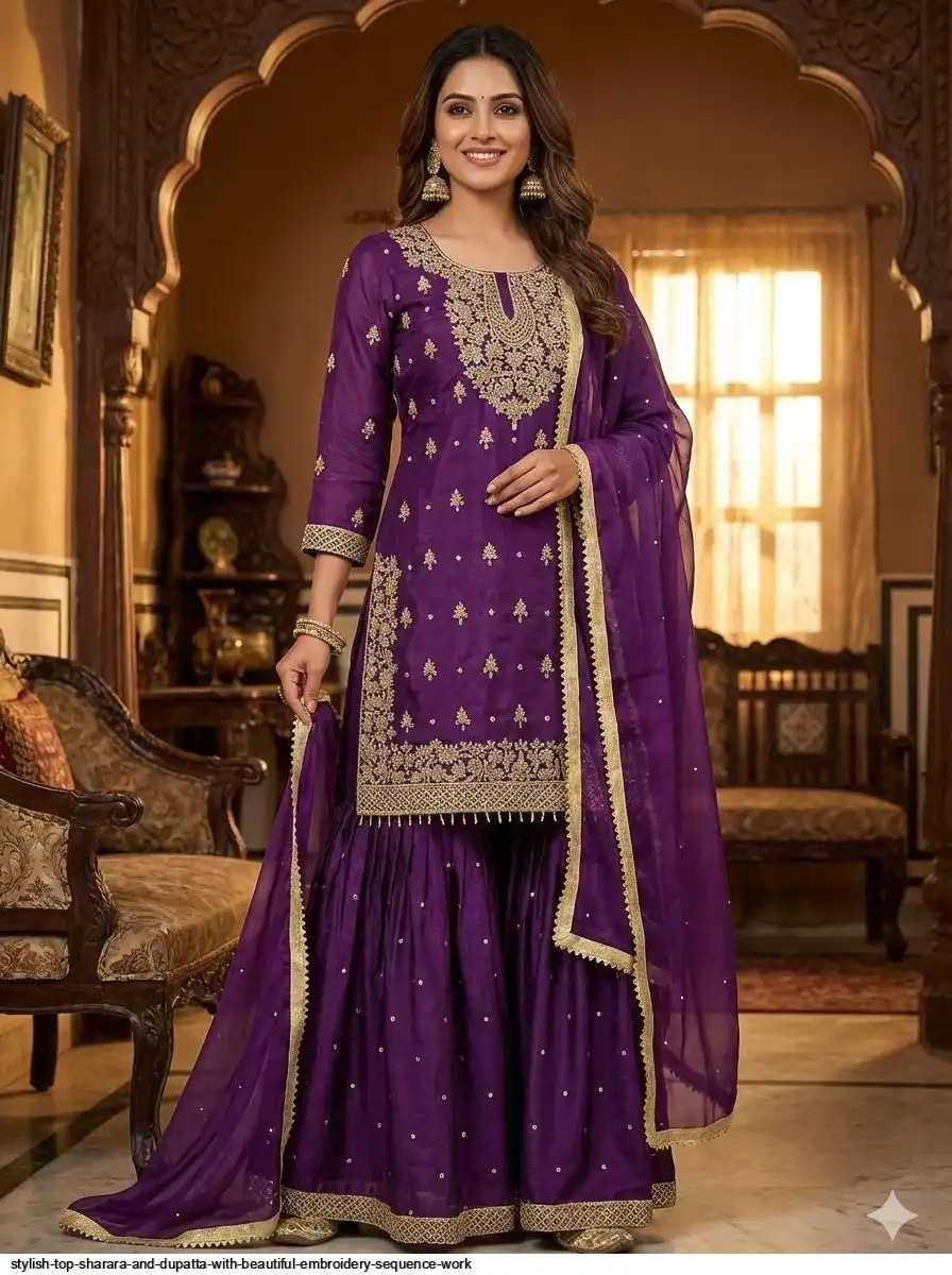 STYLISH TOP SHARARA AND DUPATTA WITH BEAUTIFUL EMBROIDERY SEQUENCE WORK 3