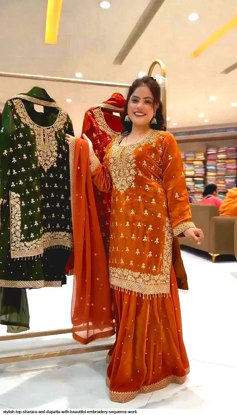STYLISH TOP SHARARA AND DUPATTA WITH BEAUTIFUL EMBROIDERY SEQUENCE WORK 4