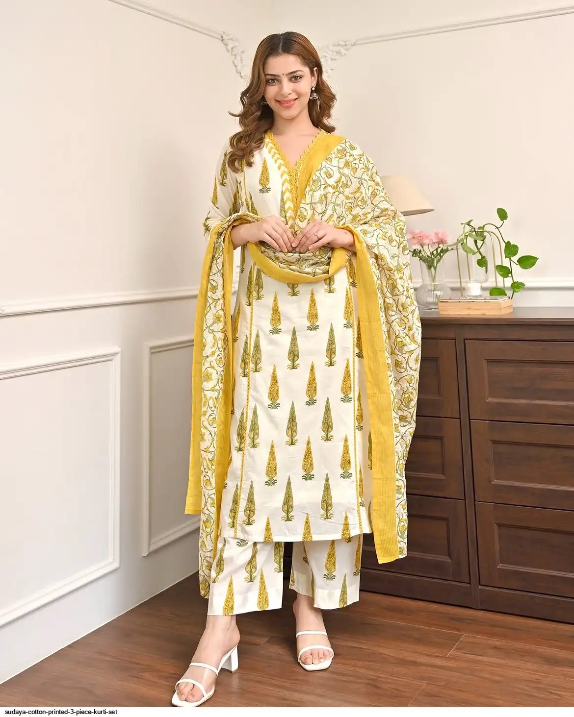 SUDAYA COTTON PRINTED 3 PIECE KURTI SET A