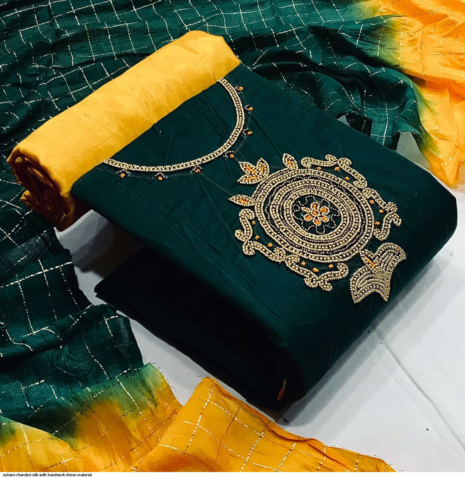 chanderi silk hand work dress material Chanderi Silk Hand Block Print Work Batik Dress Material (Unstitched) Green