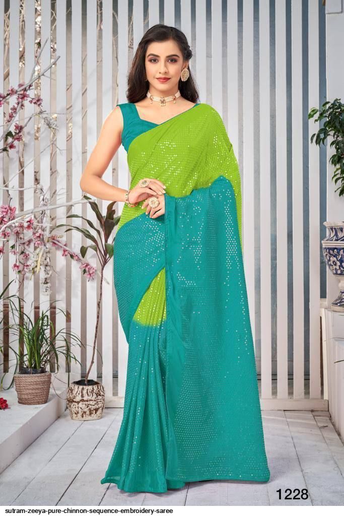 Pure Heavy Chinnon Silk With Heavy Embroidery Sequence Work with Diamond Hand Work and Full Sleeve Kurti Pair&nbsp;