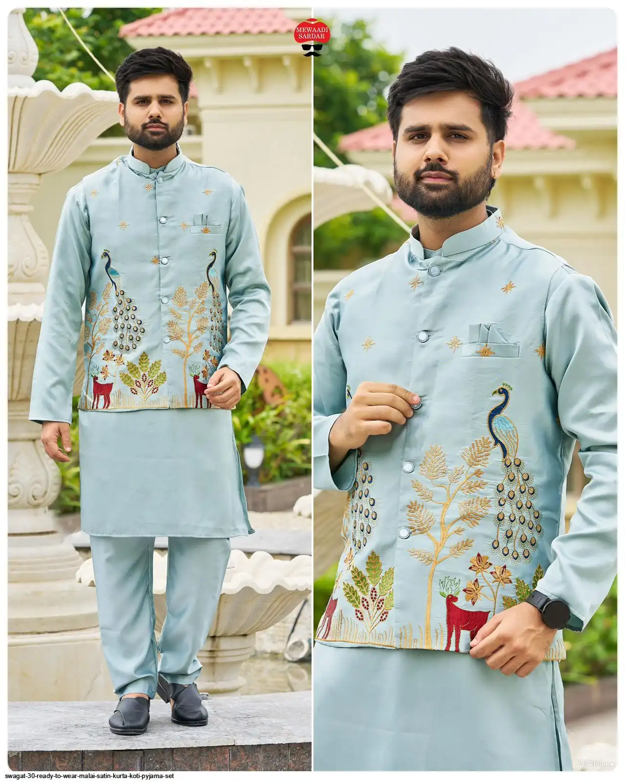 SWAGAT 30 READY TO WEAR MALAI SATIN KURTA KOTI PYJAMA SET C