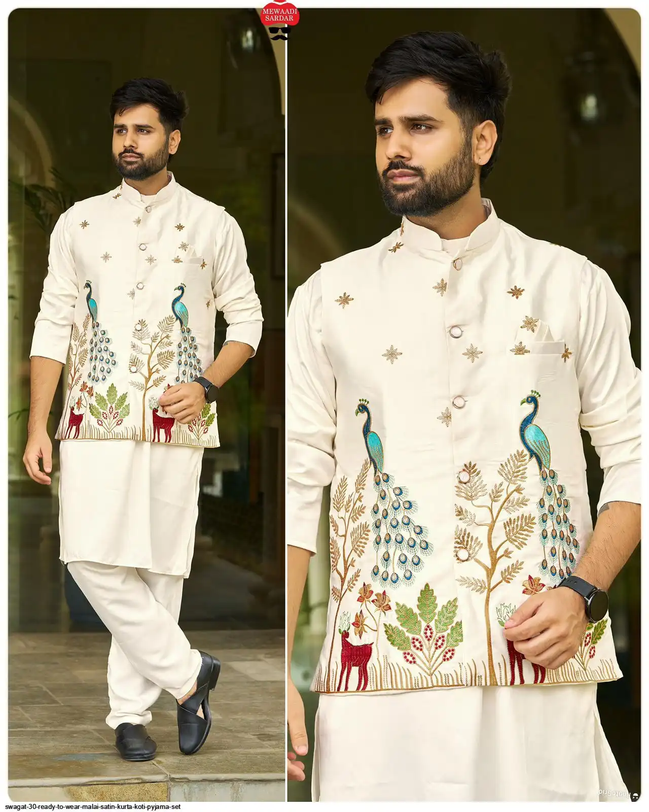 SWAGAT 30 READY TO WEAR MALAI SATIN KURTA KOTI PYJAMA SET D