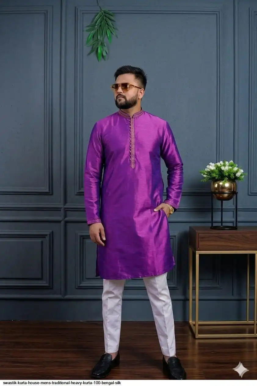 SWASTIK KURTA HOUSE MENS TRADITIONAL HEAVY KURTA 100 BENGAL SILK 8