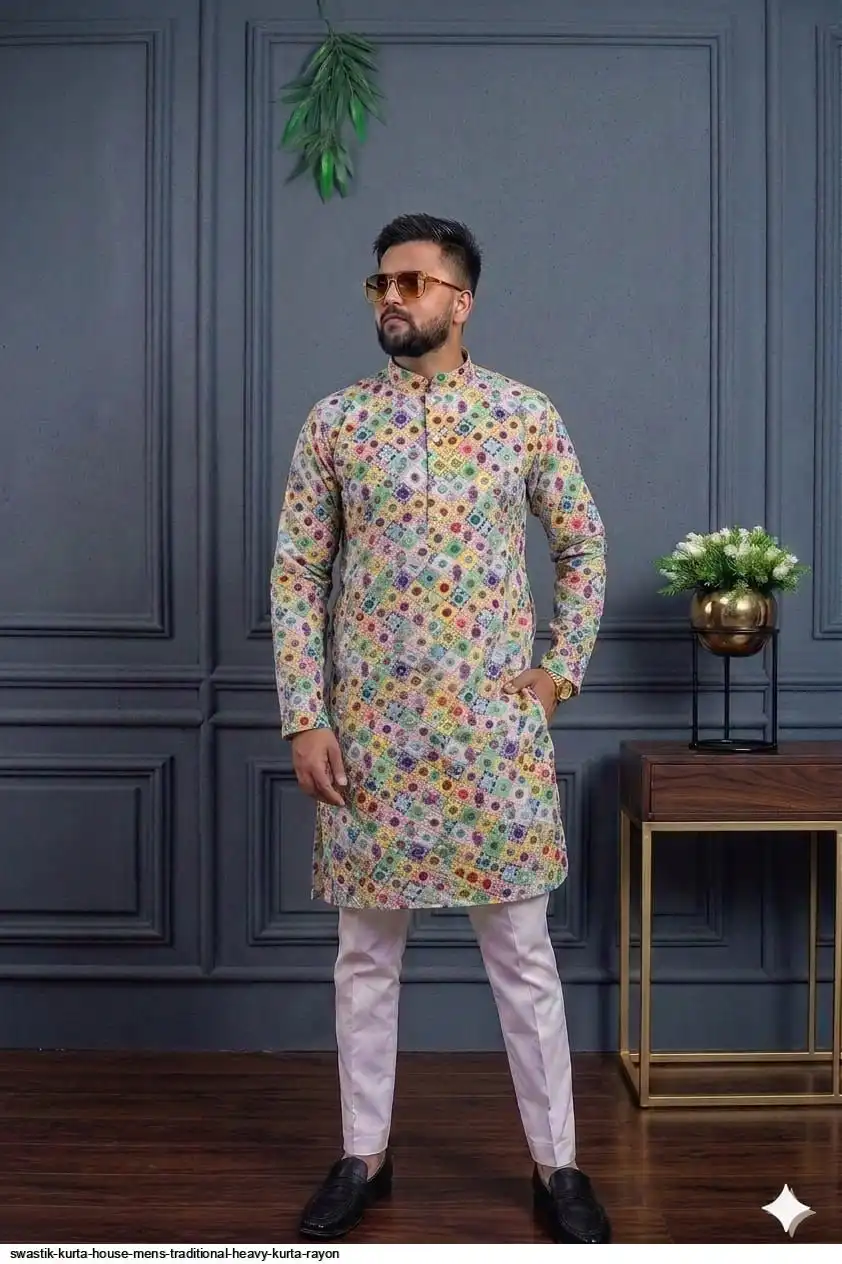 SWASTIK KURTA HOUSE MENS TRADITIONAL HEAVY KURTA RAYON 2