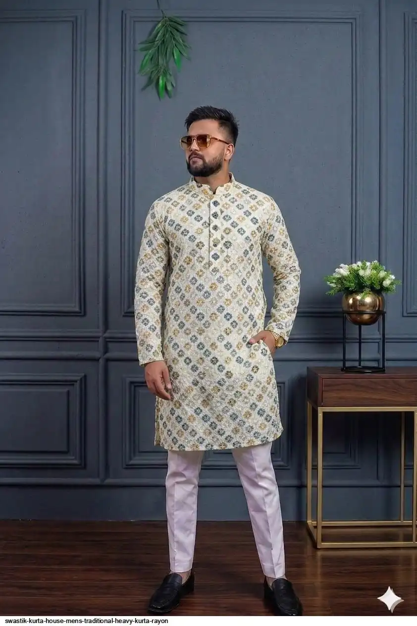 SWASTIK KURTA HOUSE MENS TRADITIONAL HEAVY KURTA RAYON 4