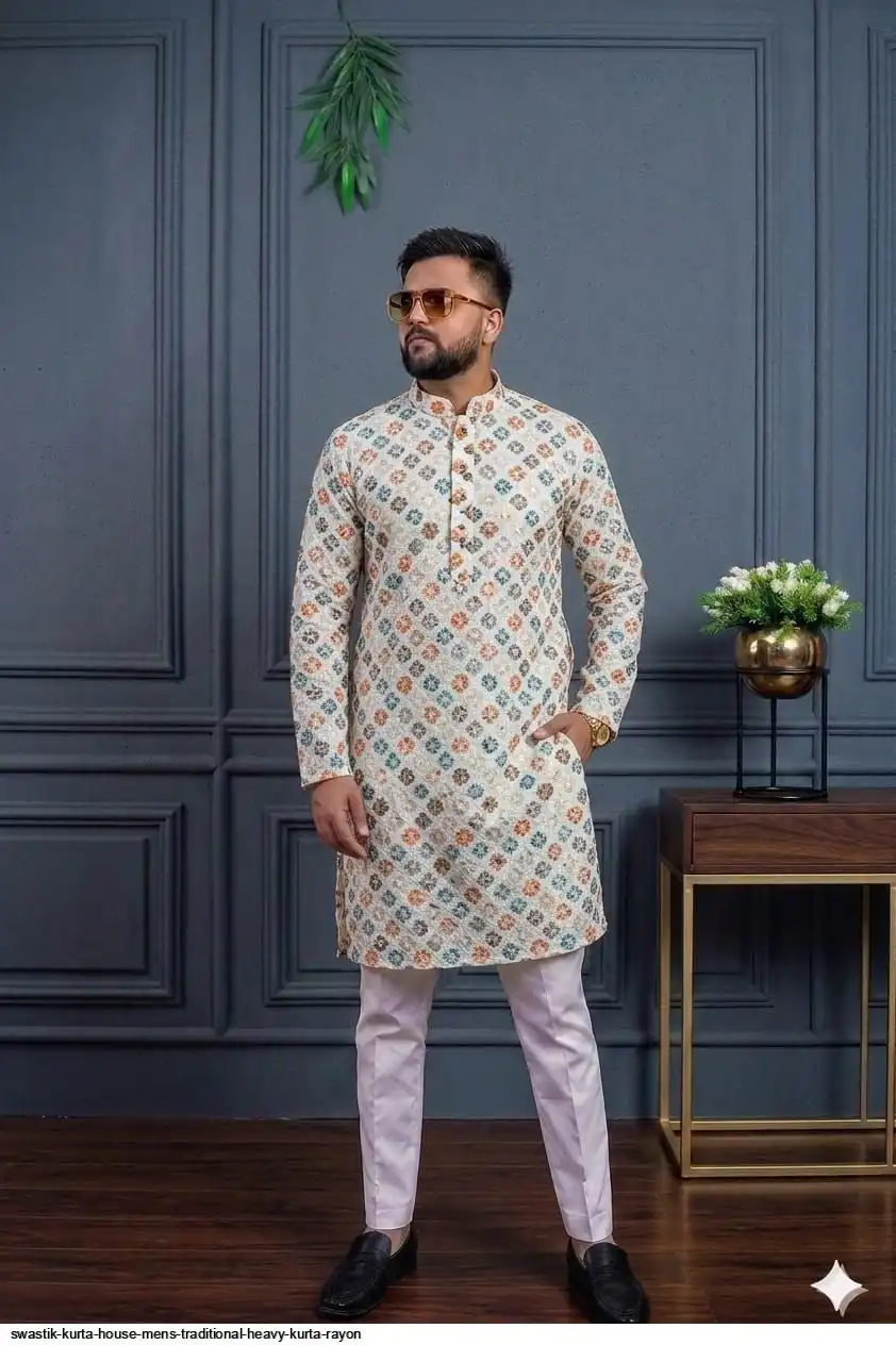 SWASTIK KURTA HOUSE MENS TRADITIONAL HEAVY KURTA RAYON 5