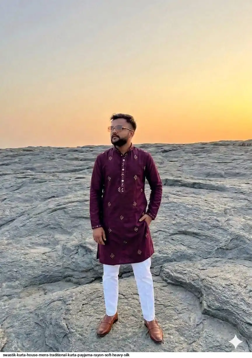 SWASTIK KURTA HOUSE MENS TRADITIONAL KURTA PAYJAMA RAYON SOFT HEAVY SILK D