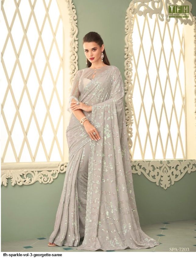 Sparkle By TFH Georgette Exclusive Designer Sarees Collections With stitched blouse – ready size 36, margin up to 40 main image 0