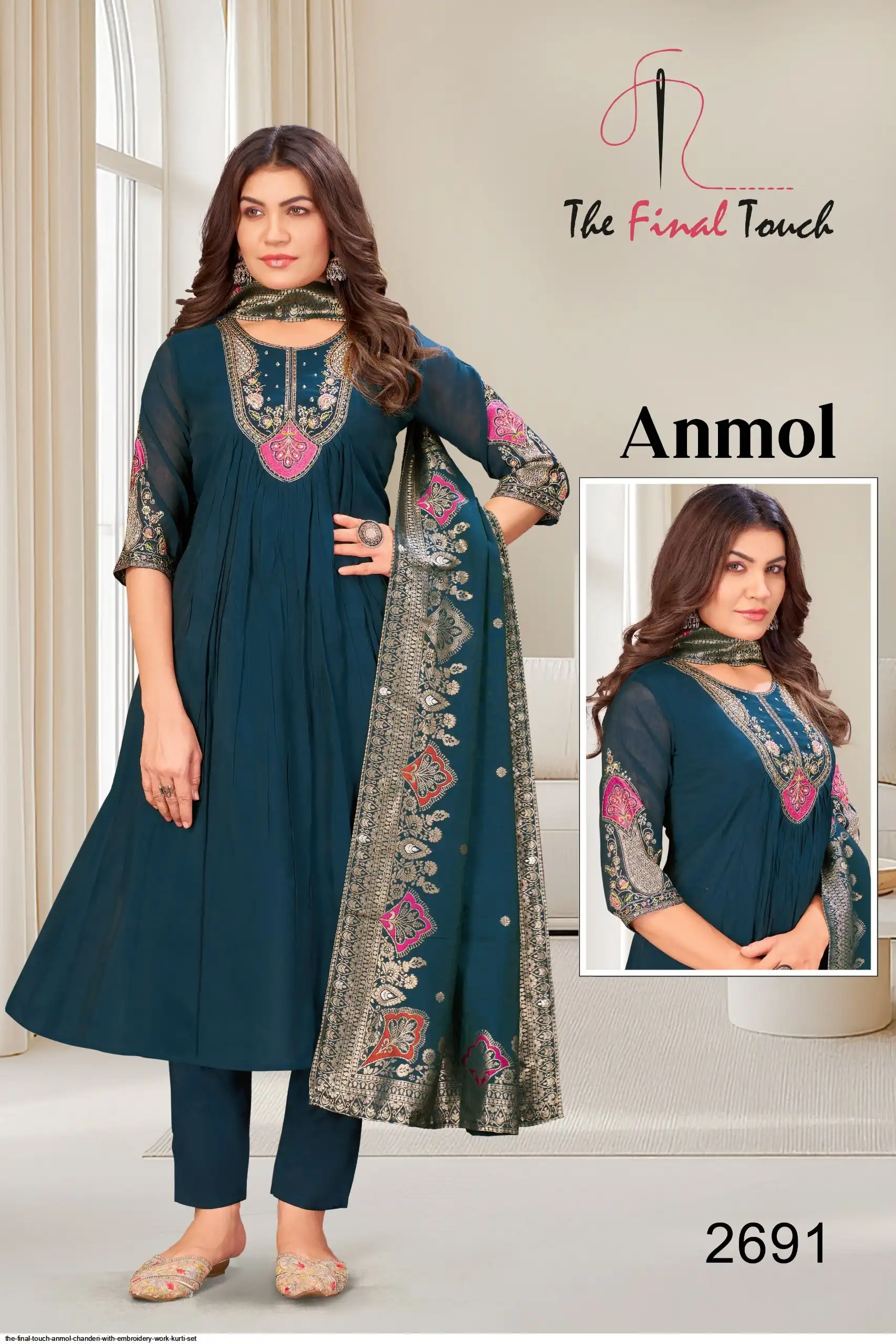 THE FINAL TOUCH ANMOL CHANDERI WITH EMBROIDERY WORK KURTI SET 2691