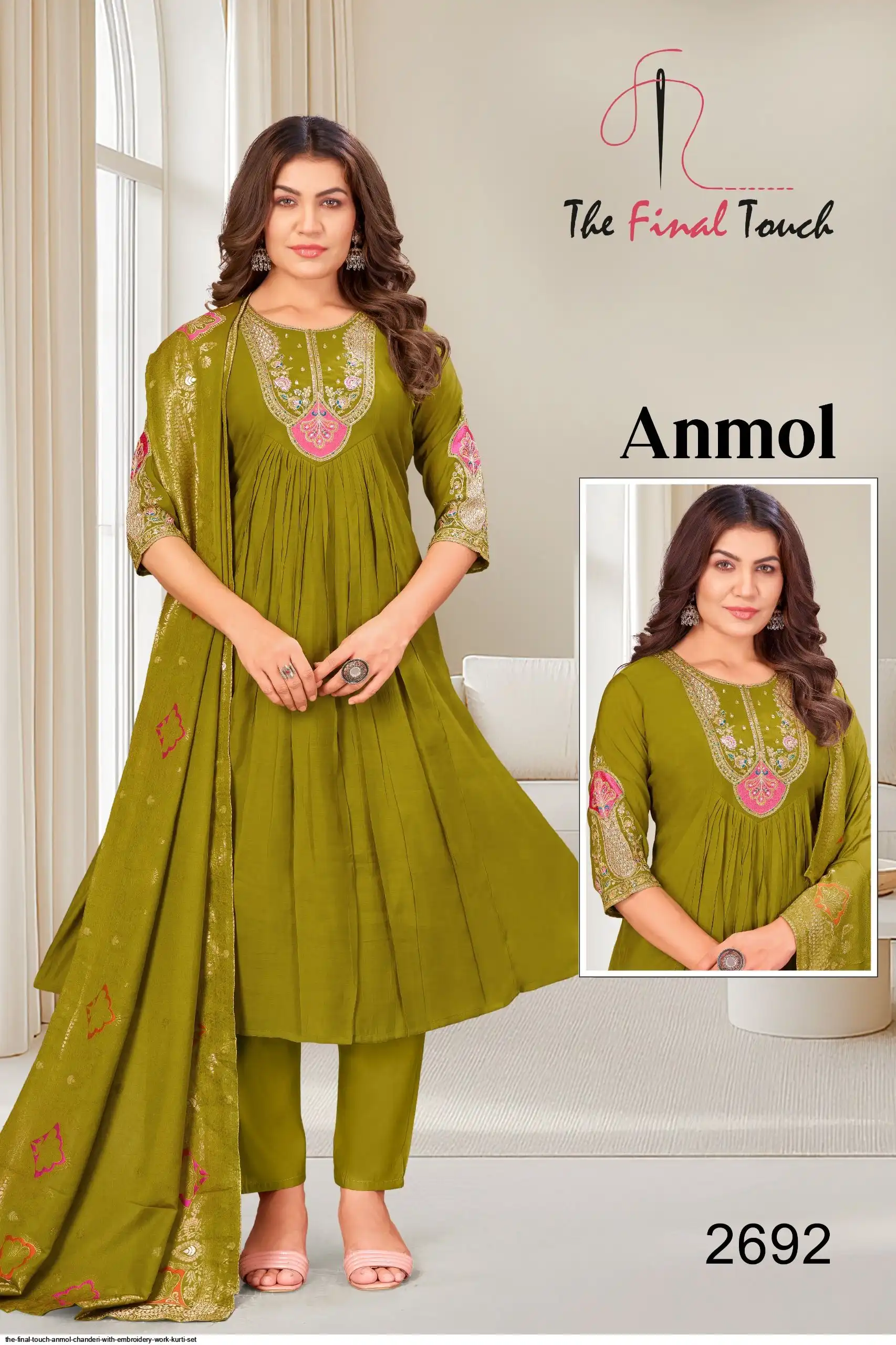 THE FINAL TOUCH ANMOL CHANDERI WITH EMBROIDERY WORK KURTI SET 2692