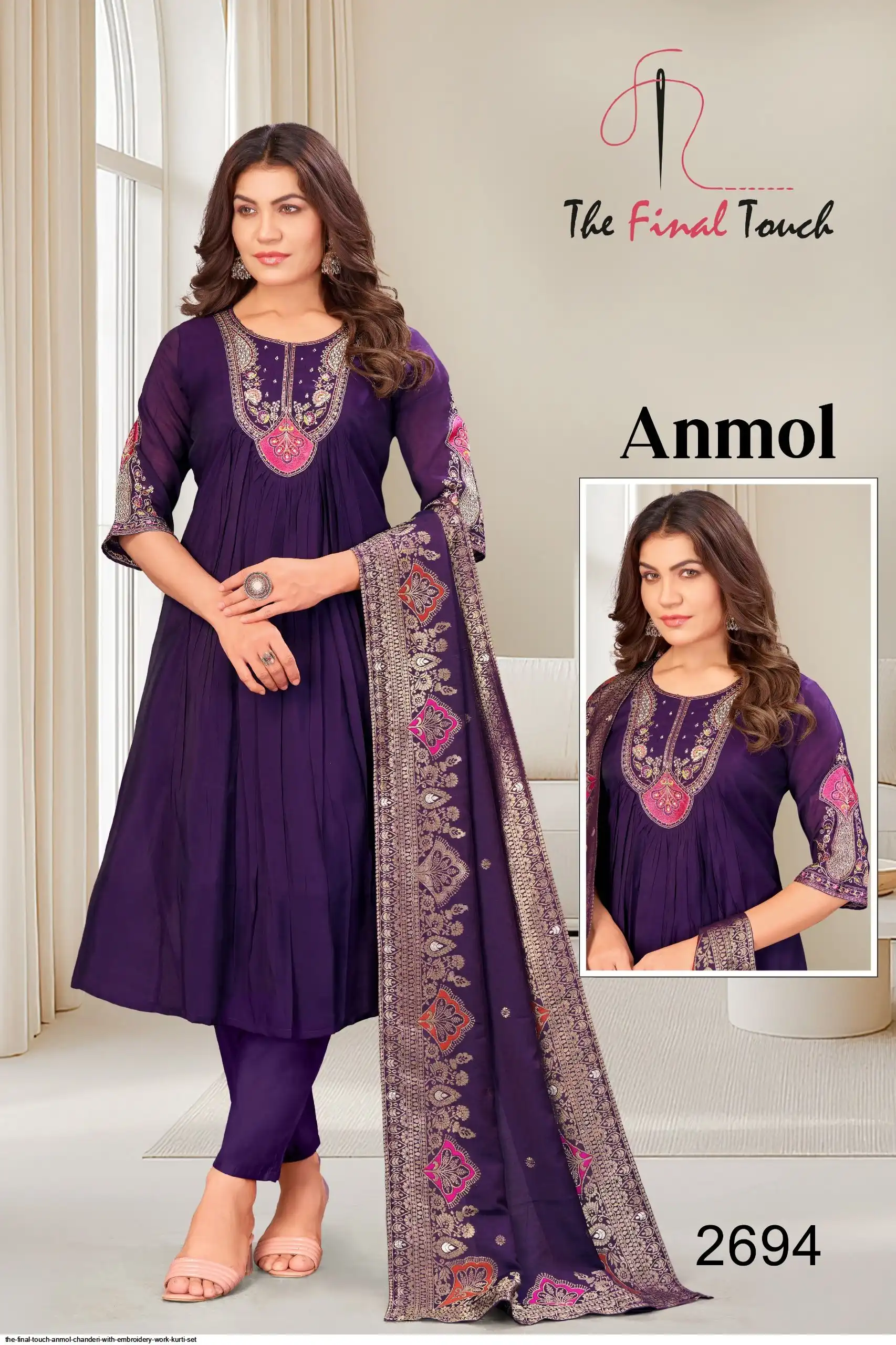 THE FINAL TOUCH ANMOL CHANDERI WITH EMBROIDERY WORK KURTI SET 2694