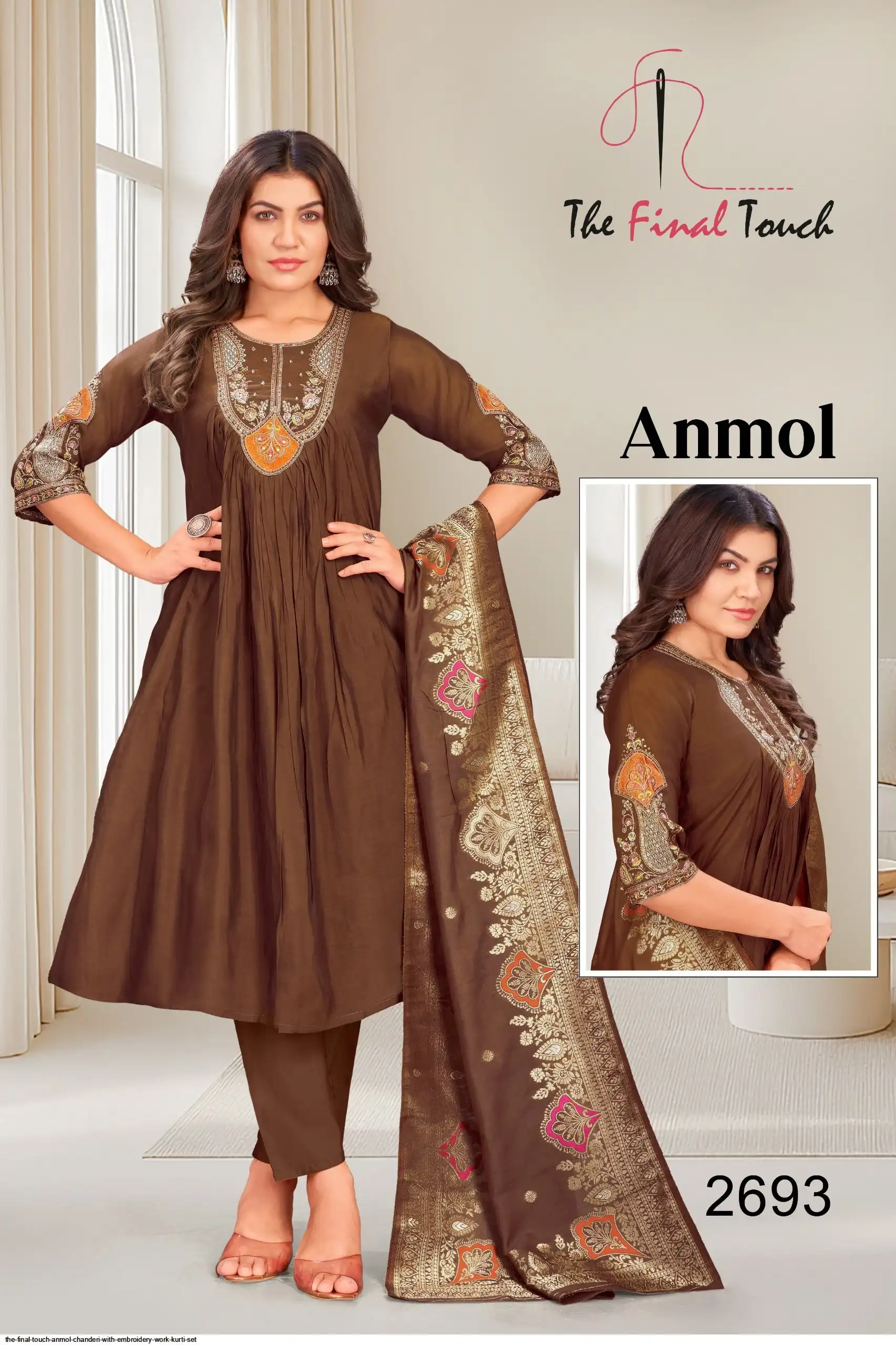 THE FINAL TOUCH ANMOL CHANDERI WITH EMBROIDERY WORK KURTI SET 2693